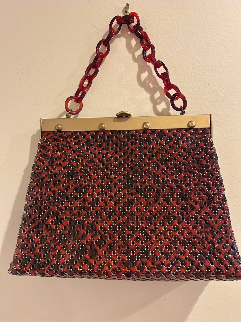Vintage Whiting & Davis Brown Woven Chain-Handle Evening Clutch